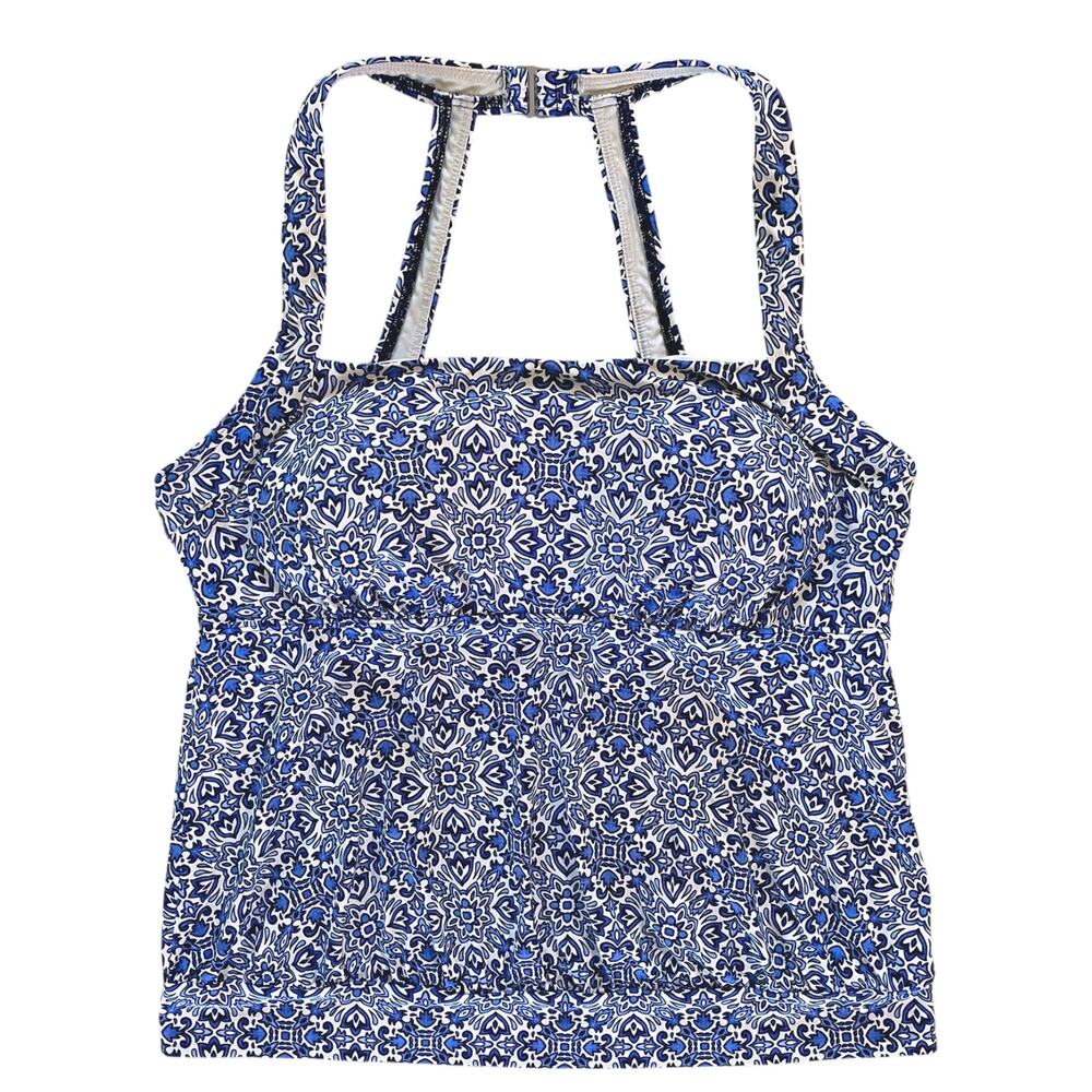 LANDS END Tankini Swim Size 16W Plus Padded Womens Molded Cups Mosaic Blue White